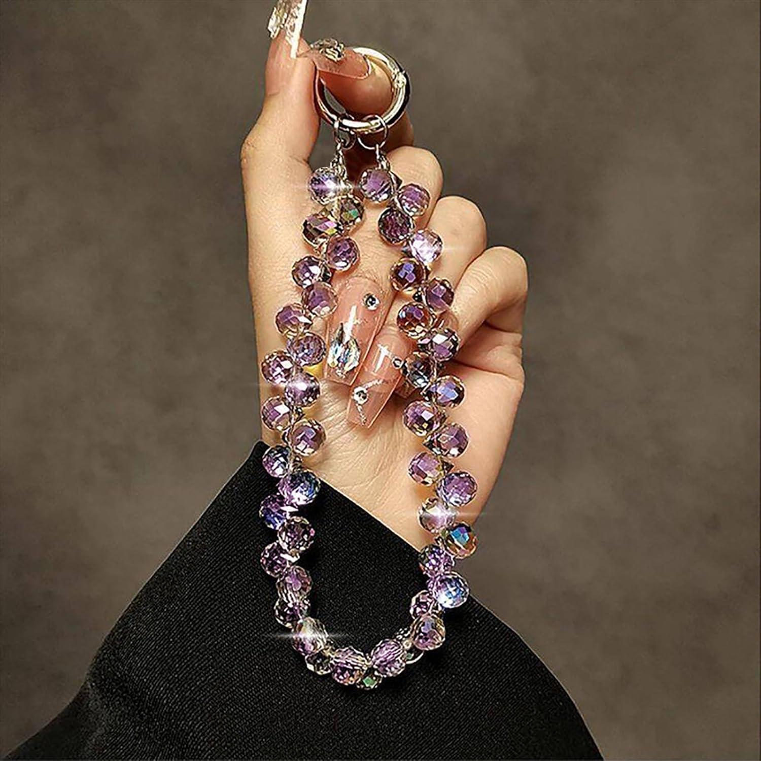 imageTENOC Marble Beaded Phone Wrist Strap Cellphone Lanyard with Tether Tab HandsFree Phone Chain Wristlet Bracelet Keychain Obsidian BlackApurple