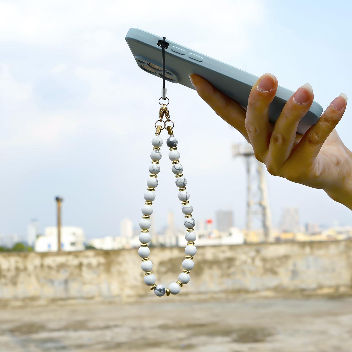 imageTENOC Marble Beaded Phone Wrist Strap Cellphone Lanyard with Tether Tab HandsFree Phone Chain Wristlet Bracelet Keychain Obsidian BlackBmarble White