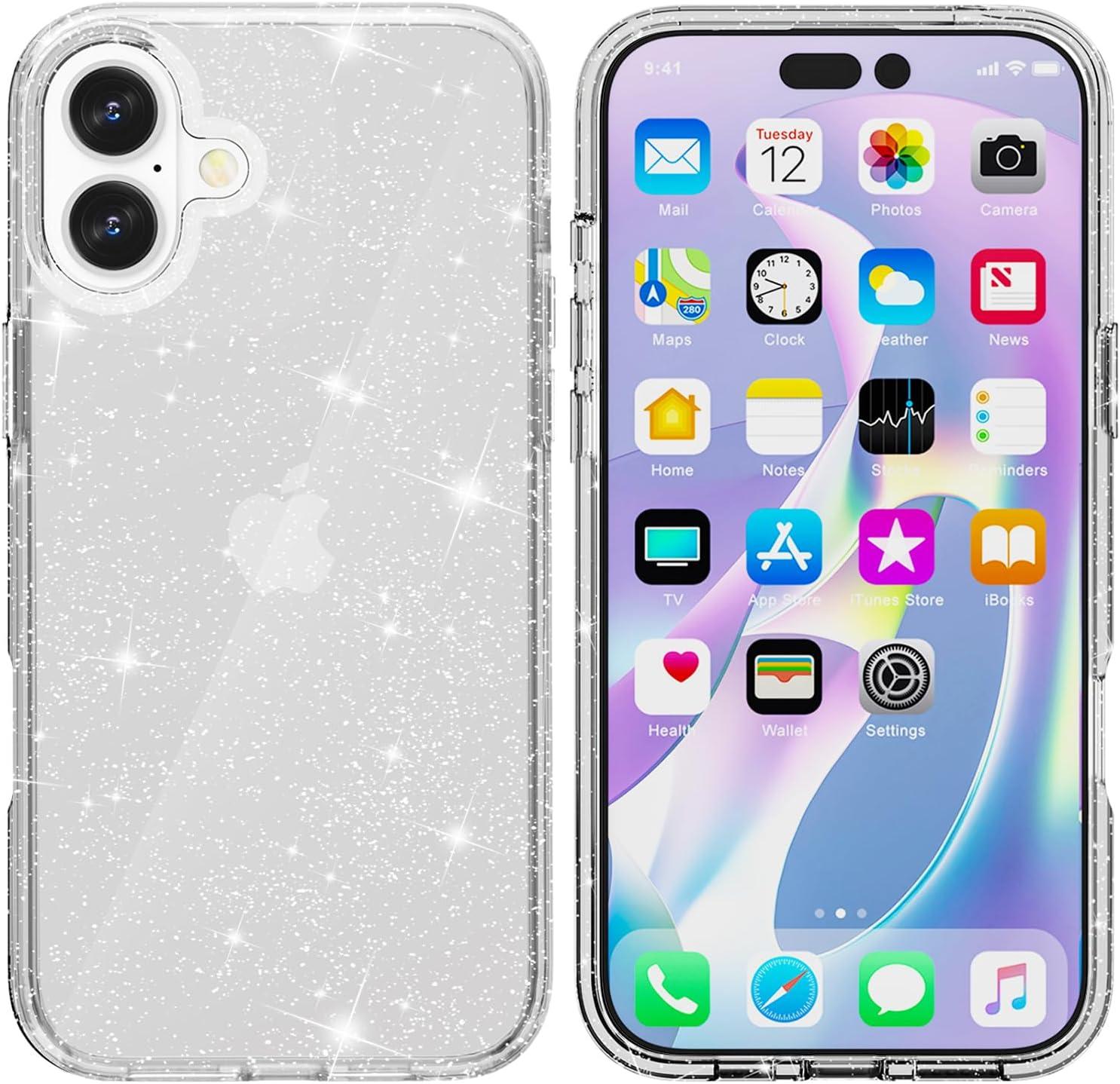 imageTENOC Phone Case Compatible with iPhone 16 Black Case AntiFingerprint Protective Bumper Matte Cover for 61 InchClear Glitter