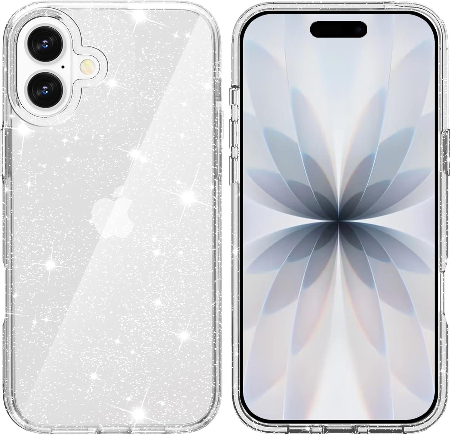 imageTENOC Phone Case Compatible with iPhone 16 Black Case AntiFingerprint Protective Bumper Matte Cover for 61 InchClear Glitter