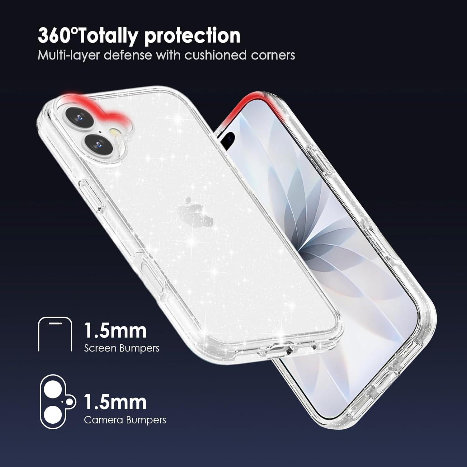 imageTENOC Phone Case Compatible with iPhone 16 Black Case AntiFingerprint Protective Bumper Matte Cover for 61 InchClear Glitter