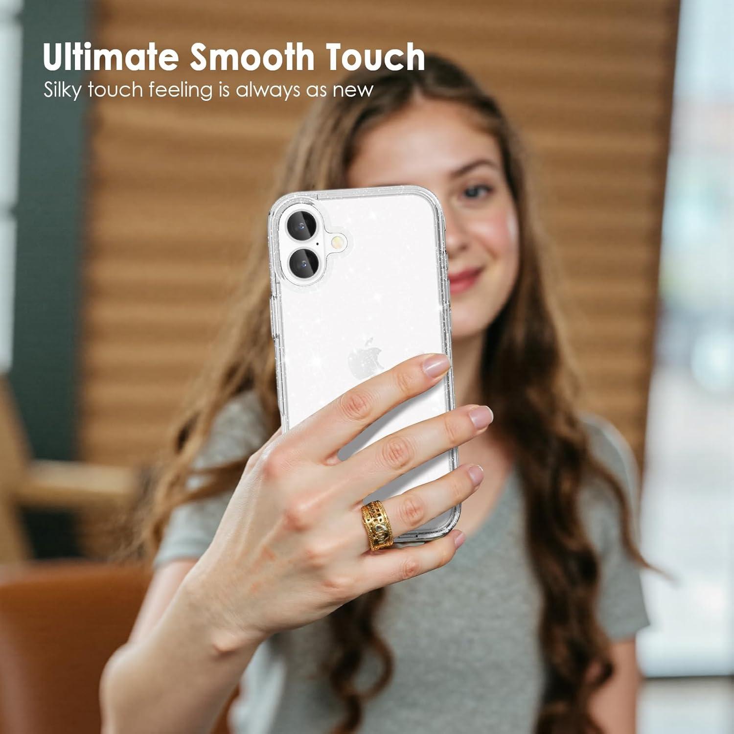imageTENOC Phone Case Compatible with iPhone 16 Black Case AntiFingerprint Protective Bumper Matte Cover for 61 InchClear Glitter