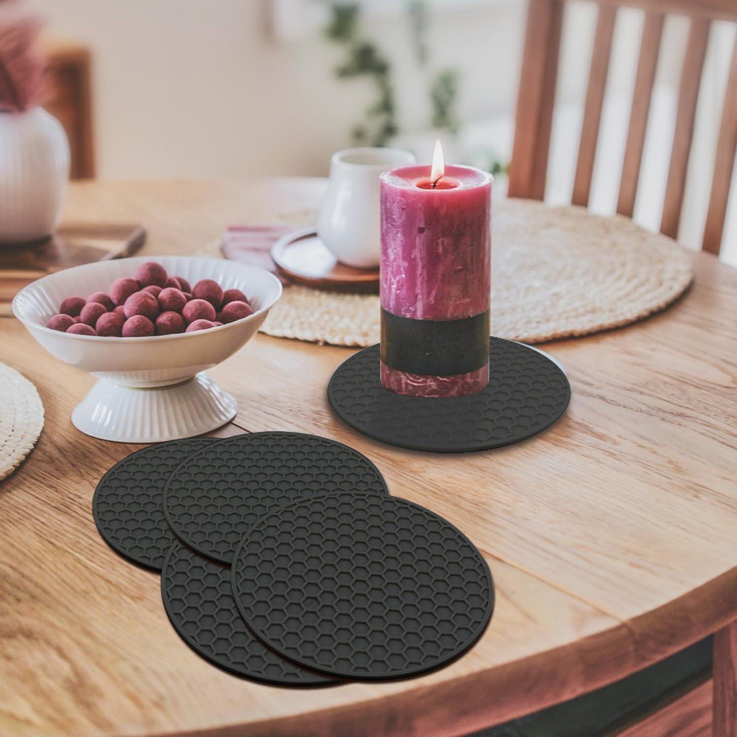 imageTENOC Silicone NonSlip Heat Resistant amp WaterTrapping Trivet Mats for Water Glasses amp Teacup amp Coffee Cup amp Dishes amp Cookware Multipurpose Kitchen Table Coaster 35Inch BlackBlack