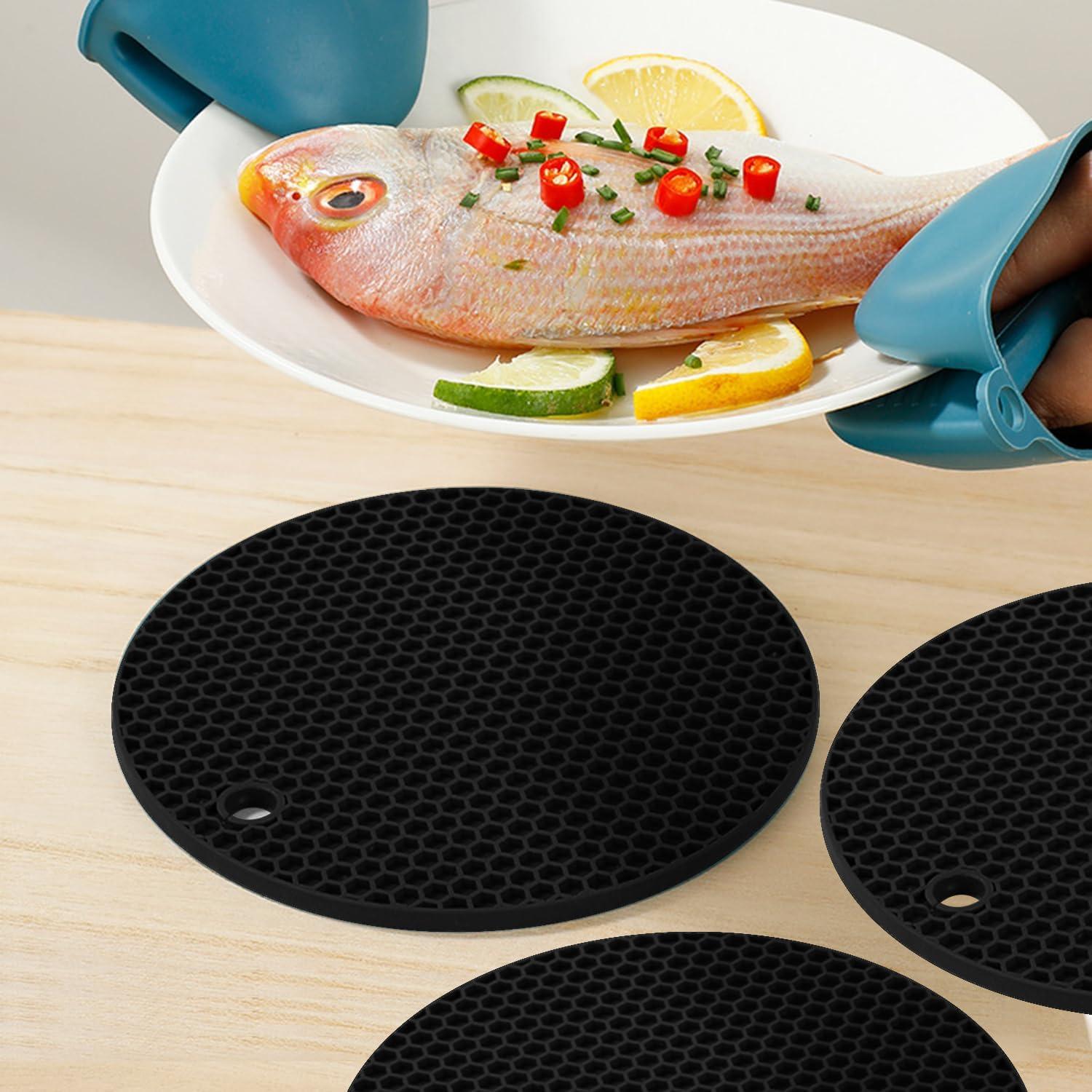 imageTENOC Silicone NonSlip Heat Resistant amp WaterTrapping Trivet Mats for Water Glasses amp Teacup amp Coffee Cup amp Dishes amp Cookware Multipurpose Kitchen Table Coaster 35Inch BlackBlack
