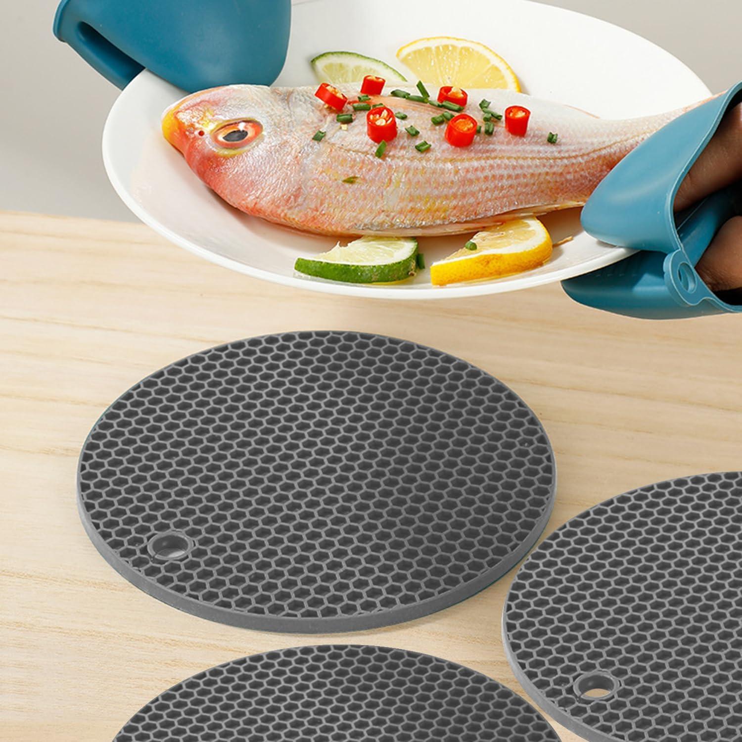 imageTENOC Silicone NonSlip Heat Resistant amp WaterTrapping Trivet Mats for Water Glasses amp Teacup amp Coffee Cup amp Dishes amp Cookware Multipurpose Kitchen Table Coaster 35Inch BlackGray