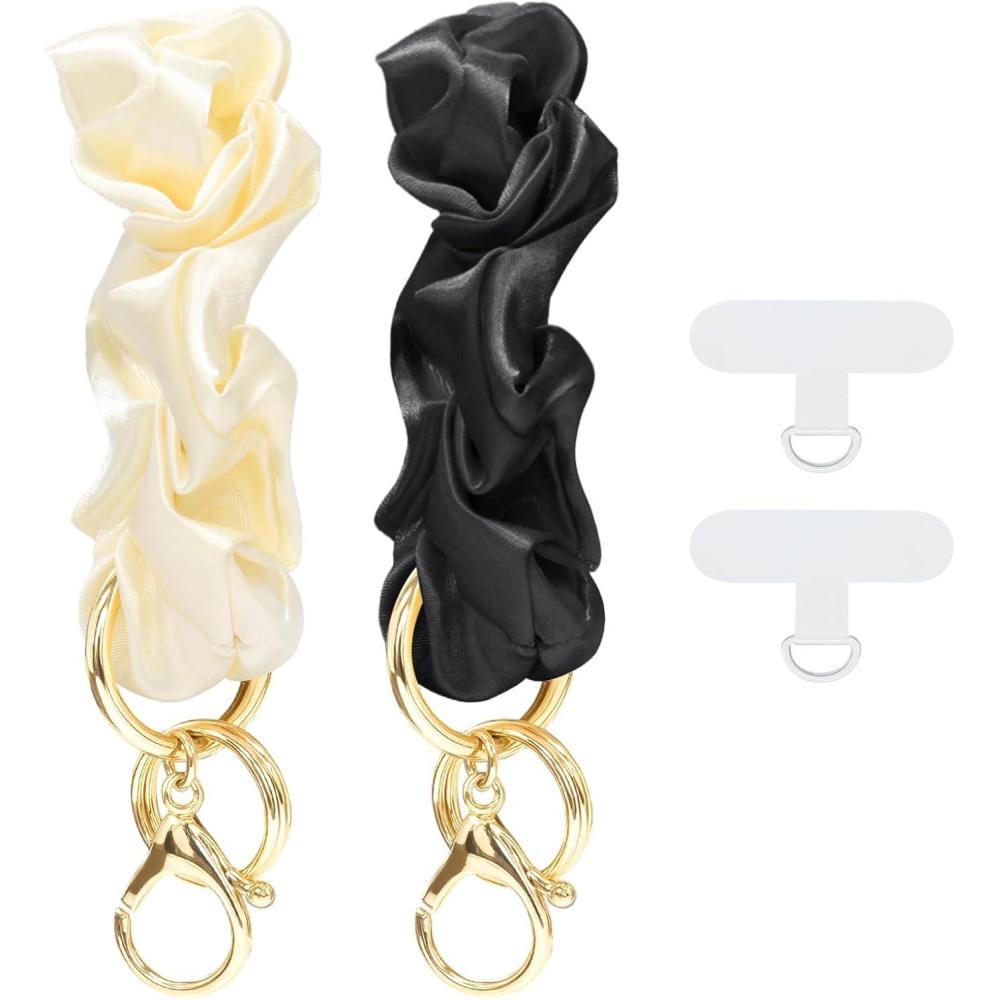 imageTENOC Scrunchie Keychain Wristlet Soft Stretch Hair Tie Key Ring Bracelet Elastic Keyring Wrist Strap for WomenBlack Beige