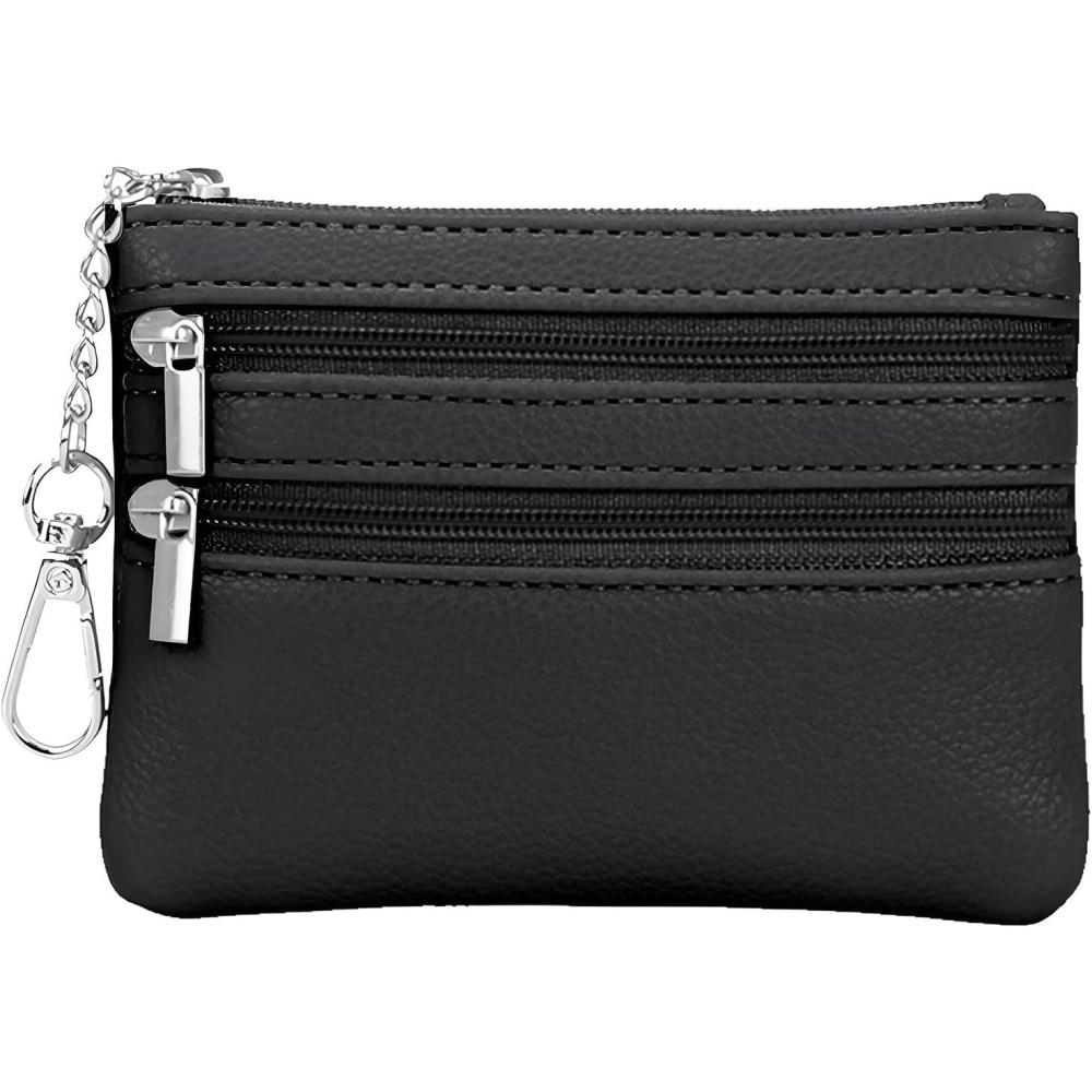 imageTENOC Small PU Leather Coin Purse Change Pouch Card Holder Keychain Wallet for Women Men with Zip Key Ring BlackBlack