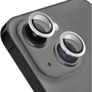 TENOC Camera Lens Protector for iPhone 14 & iPhone 14 Plus, 9H Tempered Glass Camera Screen Cover, Black Metal Individual Ring(Silver)