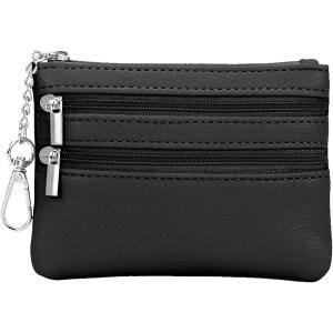TENOC Small PU Leather Coin Purse Change Pouch Card Holder Keychain Wallet for Women Men with Zip Key Ring, Black(Black)