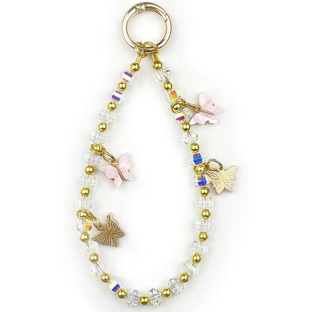 imageTENOC Beaded Phone Wrist Strap Cellphone Bracelet Lanyard Sparkling Butterfly Pendant Phone Chain for WomenPink