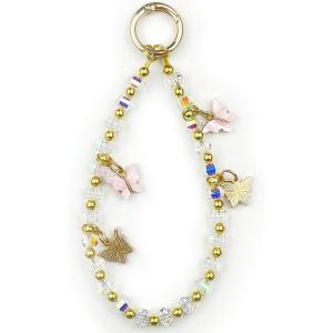 TENOC Beaded Phone Wrist Strap, Cellphone Bracelet Lanyard, Sparkling Butterfly Pendant Phone Chain for Women(Pink)