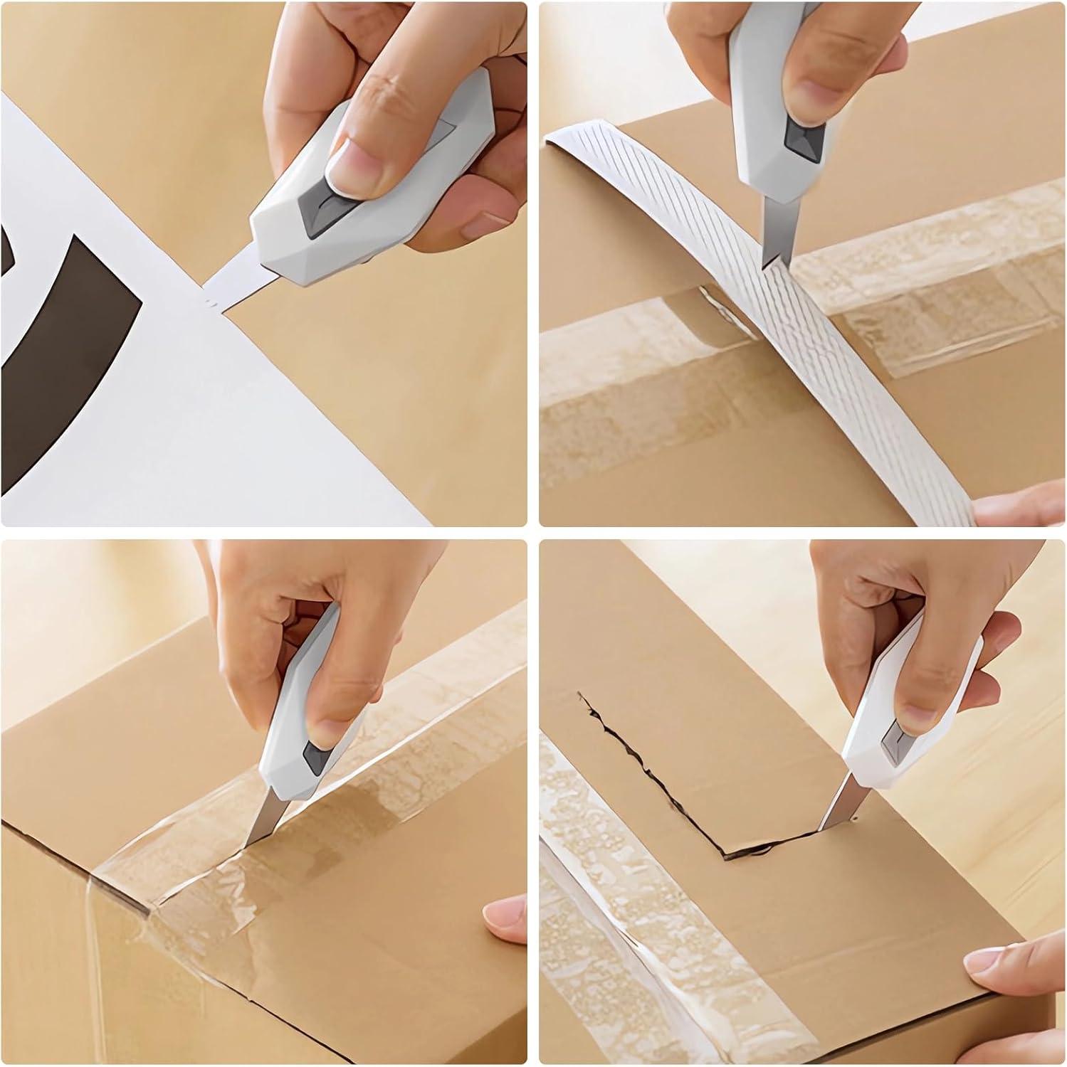 imageTENOC 2 Pack Safety Box Cutter Automatic Retractable Package Opener for Cardboard Magnetic amp Portable Mini Utility Knife White