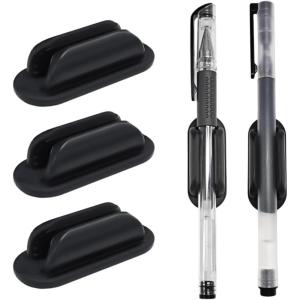 TENOC 3 Pack Adhesive Pen Holder, Silicone Pencil Holder for Desk & Wall, Flexible Marker Clip Organizer for Classroom, Car, Clipboard & Office, Oval, Black