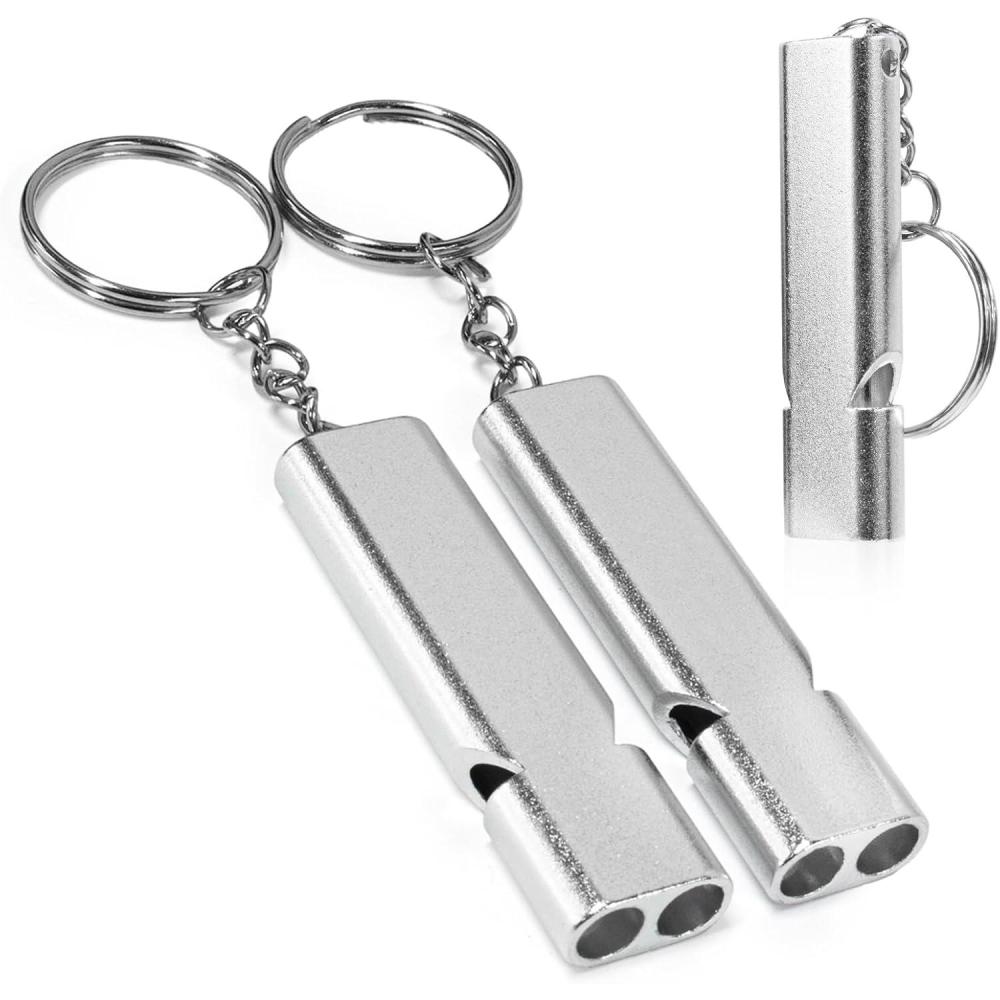 imageTENOC 3 Pack Emergency Survival Whistles Double Tubes 120dB High Decibel Aluminum Alloy Safety Whistle with Keychain for Hiking Camping Boating amp Coach Silver