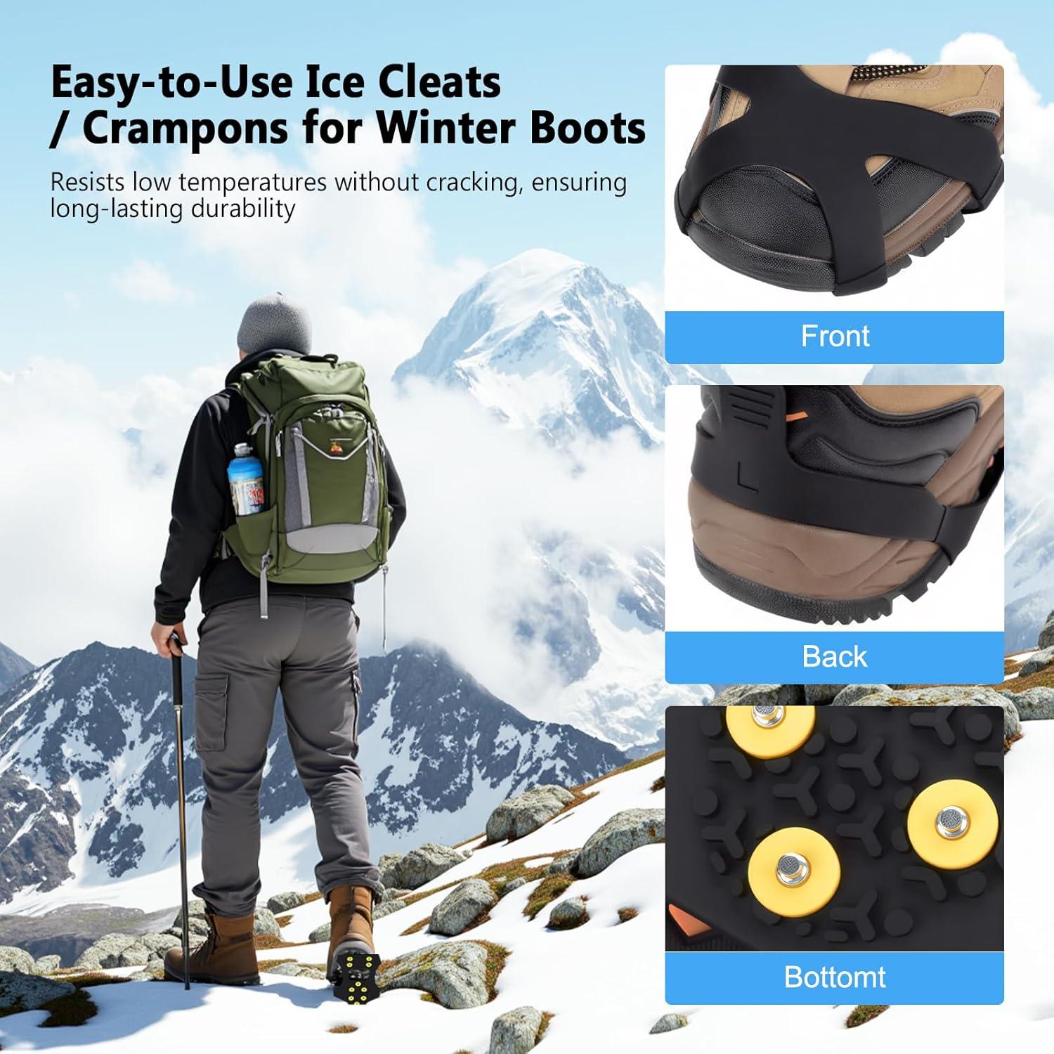imageTENOC Ice Cleats Crampons for Shoes and Boots 1 Pair Snow Grips with 10 Steel Studs Traction AntiSlip Walk Spikes for Hiking Fishing amp Winter Walking Safe Footwear Cover BlackSmall