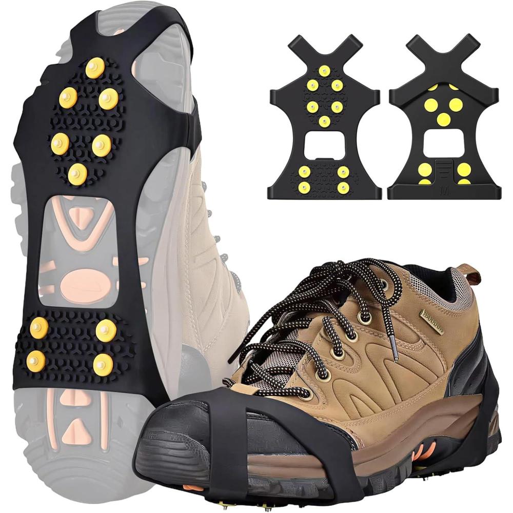imageTENOC Ice Cleats Crampons for Shoes and Boots 1 Pair Snow Grips with 10 Steel Studs Traction AntiSlip Walk Spikes for Hiking Fishing amp Winter Walking Safe Footwear Cover BlackMedium