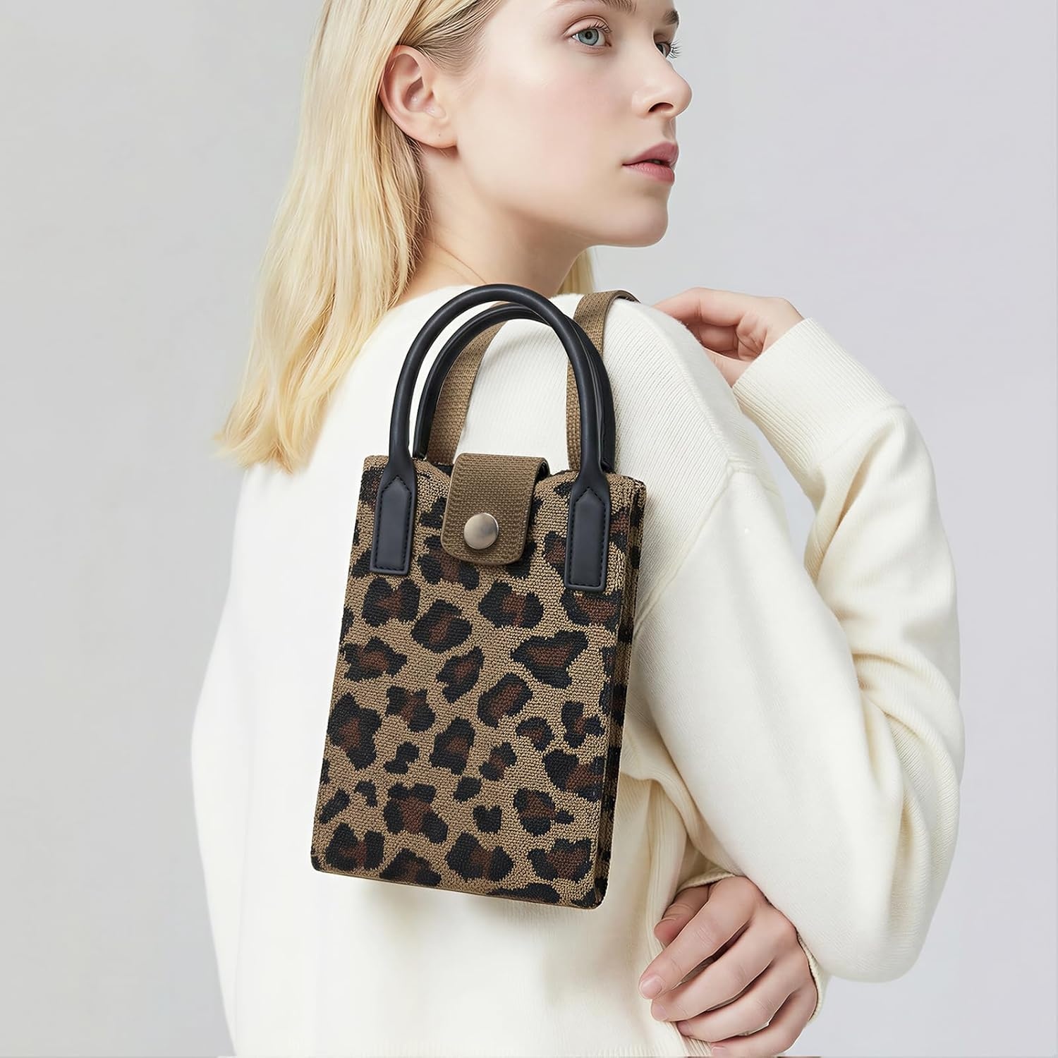 image:imageTENOC 2 In 1 Small Crossbody Phone Purse Leopard Print Knitted Cellphone Bag Lightweight Mini Handbag Wallet Shoulder Pouch for Daily Travel Shopping for Girl Women 1 Pack Brown