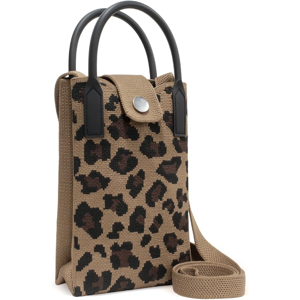 image:imageTENOC 2 In 1 Small Crossbody Phone Purse Leopard Print Knitted Cellphone Bag Lightweight Mini Handbag Wallet Shoulder Pouch for Daily Travel Shopping for Girl Women 1 Pack Brown