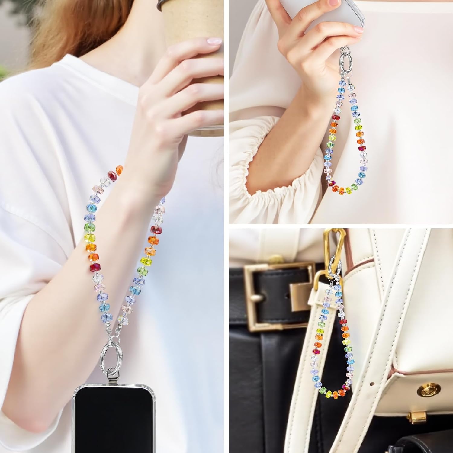 image:imageTENOC Beaded Phone Wrist Strap Cellphone Lanyard Chain Sparkling Wristlet Bracelet for Women AmberCrainbow